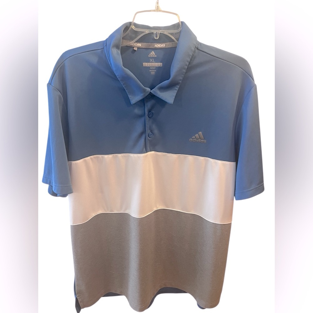Sporty Adidas Blue/White/Gray Color Block Short Sleeve Golf Shirt.  Size = XL.